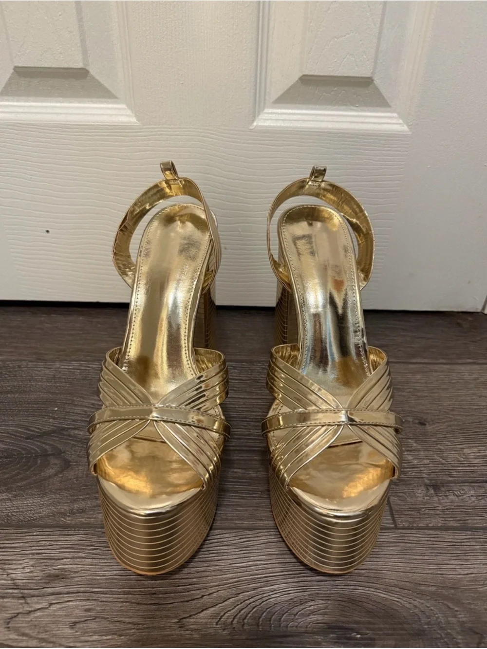 Size 9 Gold Metallic Platform Block Heel Sandals